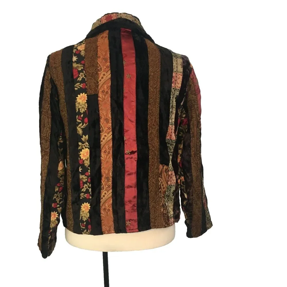 Coldwater Creek Womens Tapestry & Black Velvet Patchwork‎ Shirt Jacket, Boho, PS